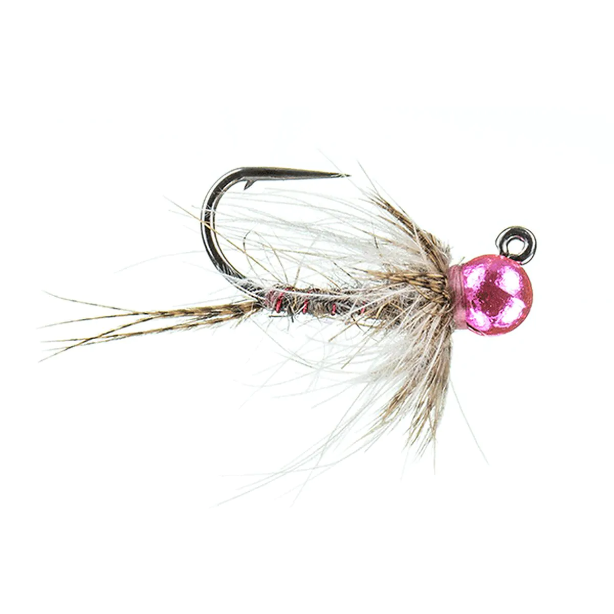 Fliegenfischerköder, Nymphenfliege, pinkfarbener Tungstenkopf, Federhechel, Einzelhaken